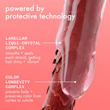 Illustration of hair cross-section against gradient pink background. Overlaid text reads: "Lamellar Liqui-Crystal Complex smooths and seals each strand for shine and vibrancy. Color Longevity Complex prevents fade and preserves color from cortex to cuticle".