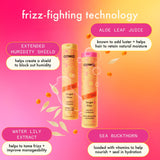 image of forget frizz wash duo surrounded by its key ingredients. text reads: "aloe leaf juice is known to add luster + helps hair to retain natural moisture. extended humidity shield helps create a shield to block out humidity. water lily extract helps to tame frizz + improve manageability. sea buckthorn is loaded with vitamins to help nourish + seal in hydration."