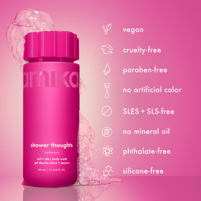Pink bottle of Amika shower thoughts body wash on a pink background with product features listed.