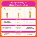 comparison chart of the frizz-me-not treatment, velveteen dream smoothing balm, and the shield anti-humidity spray. text reads: " style your way to glossy, frizz-free hair. frizz-me-not is a 2-in-1 styling + leave-in treatment. velveteen dream is a rich styling cream. the shield is an anti-humidity spray."