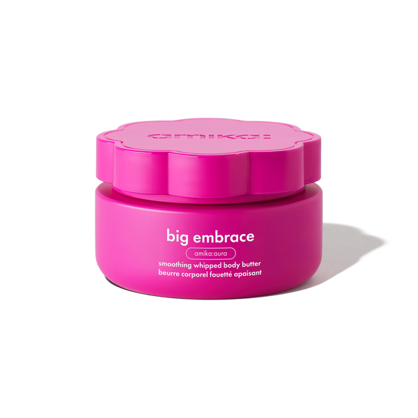 Pink jar of 'big embrace' body butter with a white background. big embrace | smoothing whipped body butter 250ml