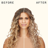 before and after using amika bust your brass | cool blonde repair conditioner