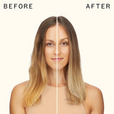 before and after using amika bust your brass | cool blonde repair shampoo