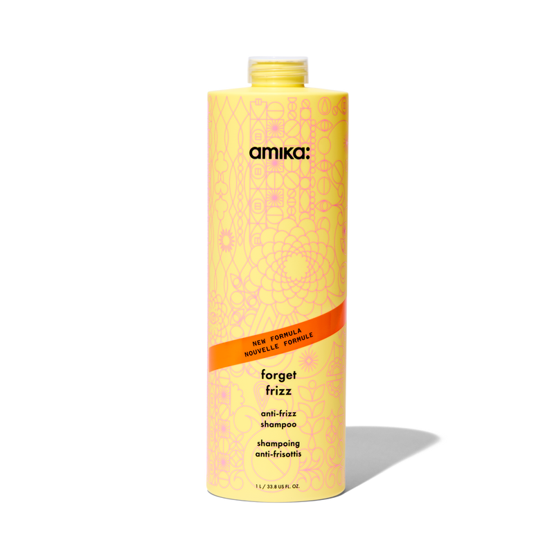 amika forget frizz anti-frizz shampoo - 1 L / 33.8 fl oz jumbo size with cap on the bottle. 